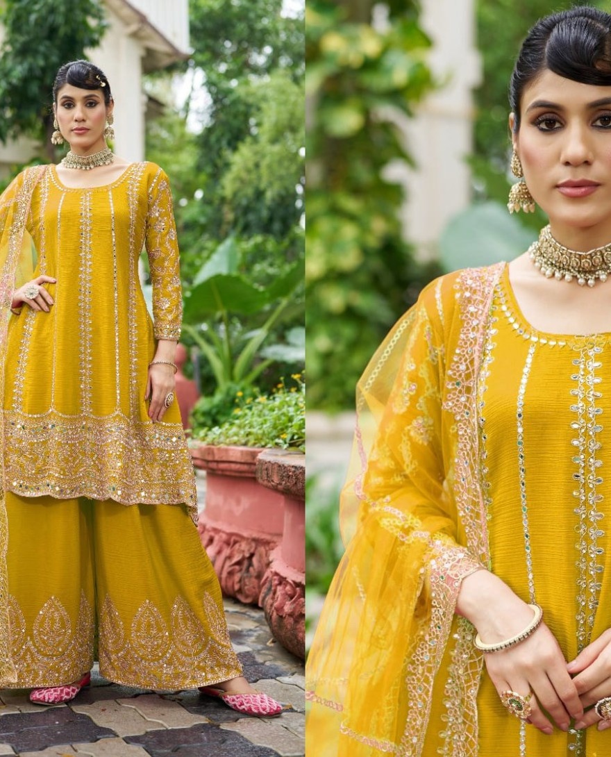 YELLOW - Embroidered and Mirror Work Chinon Salwar Suit In Yellow for Ceremonial